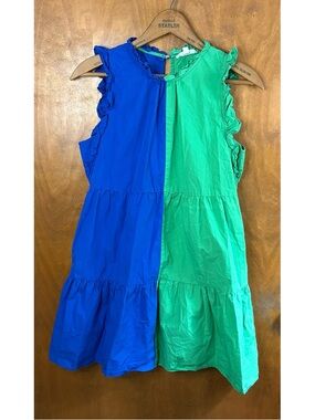 THML Kelly Green Blue Split Tiered Mini Babydoll Dress Ruffle High Neck Medium